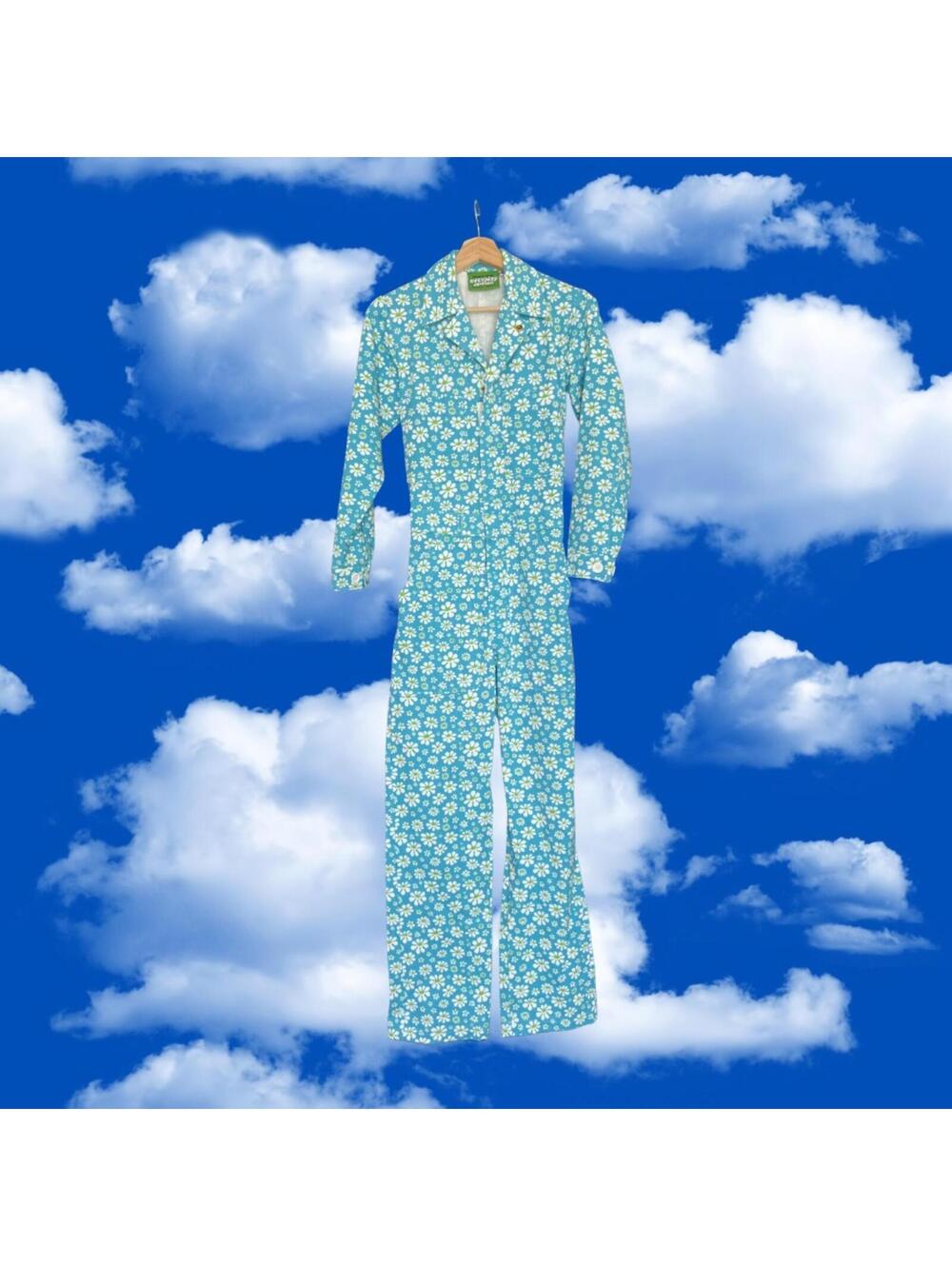Big Bud Press Everyday Jumpsuit Turquoise Daisy Floral Long Sleeve Size XXS - Picture 5 of 5